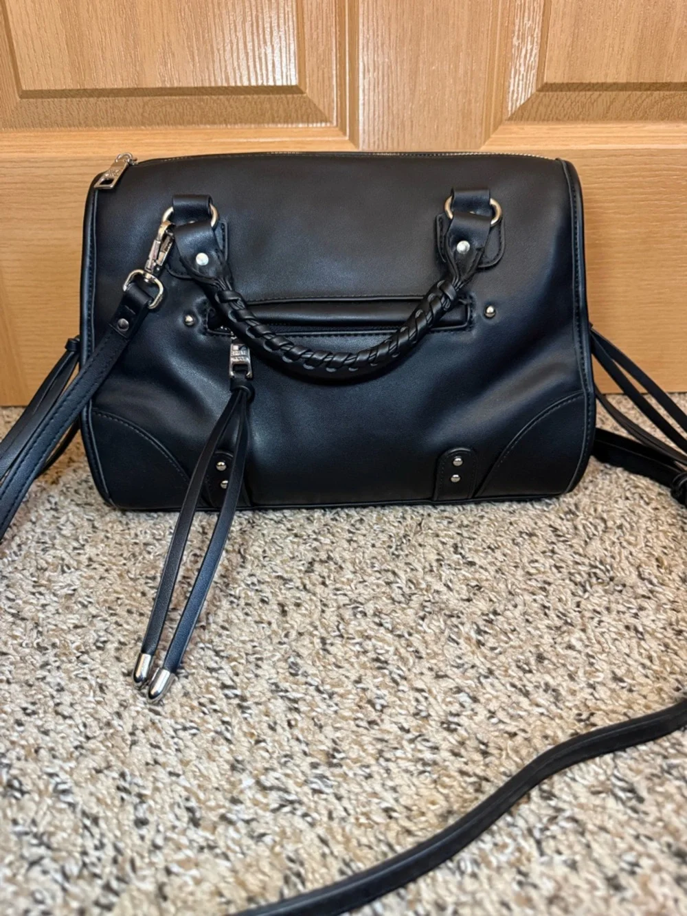 Steve Madden Black Braided-Handle Satchel with Detachable Strap - Picture 3 of 4